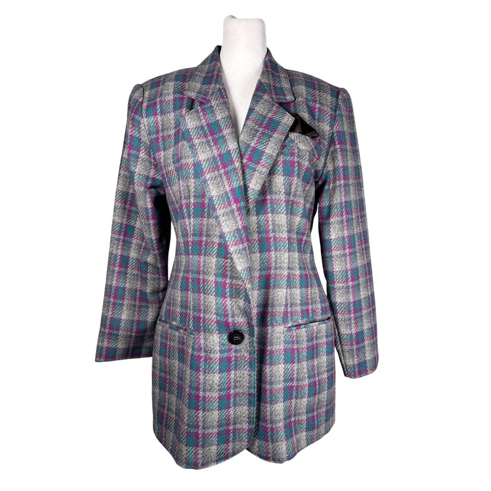 Vintage ‘90s Unique Fashion Gray, Magenta & Teal Wool Plaid Blazer